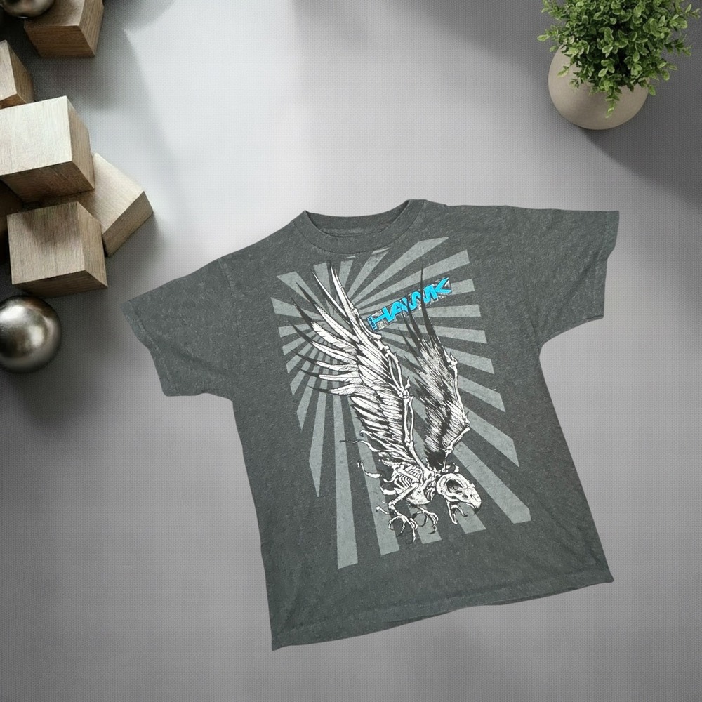 Tony Hawk Skater Tee Charcoal Grey Skeleton Bird Graphic Y2K Streetwear Shirt